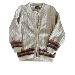 Vintage Chic Coastal Grandma Angora Cableknit Sweater Gold Anchor Buttons XL